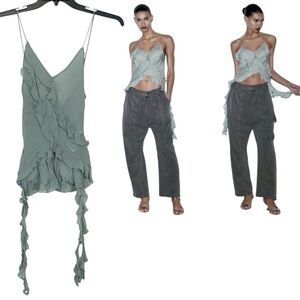 Zara Strappy Semi-Sheer Tank Top Ruffles Green Coquette Fairy Womens Size XS
